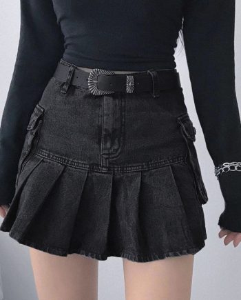 Denim Pleated Skirt with Side Pockets
