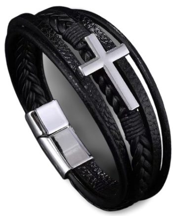Black Multilayer Leather Cross Bracelet Magnetic Clasp