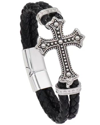 Black Braided Leather Cross Bracelet Magnetic Clasp