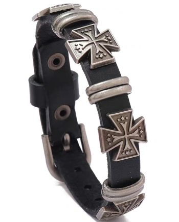 Black Leather Bracelet Silver Cross Adjustable Buckle